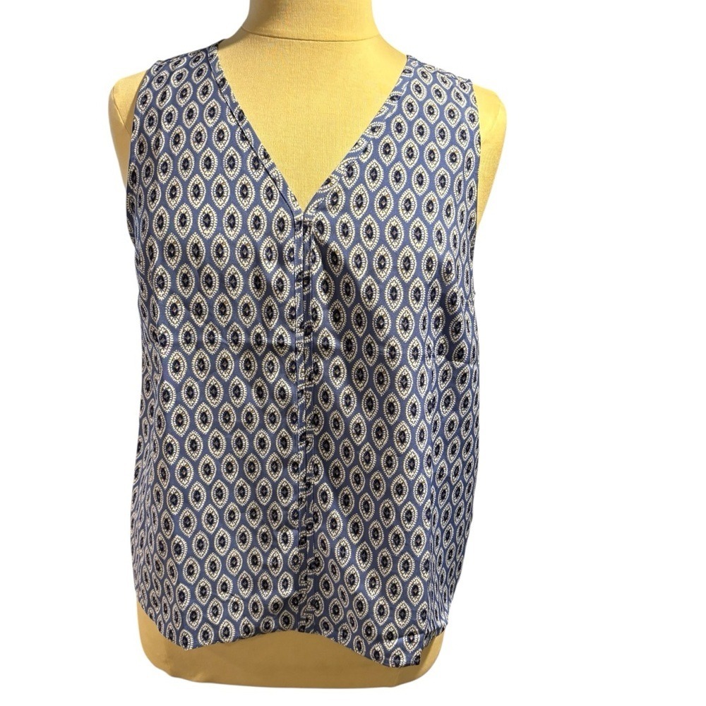J‎ Crew Blue White Medallion Print Sleeveless V-Neck Blouse Top XL #100